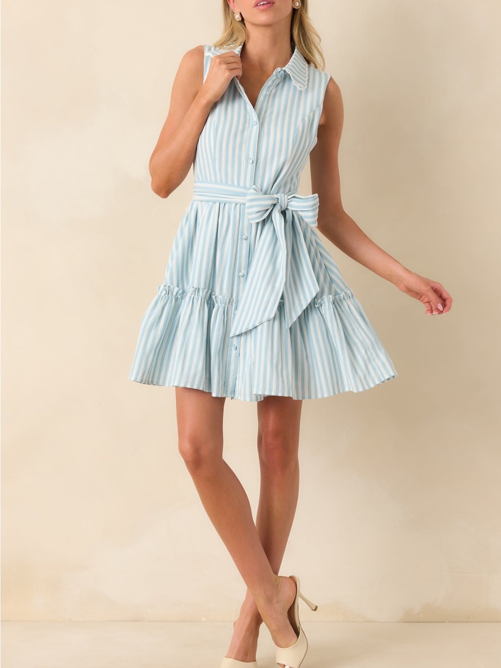 Prosperina Sleeveless Light Blue Stripe Tie-Waist Shirt Dress Size M